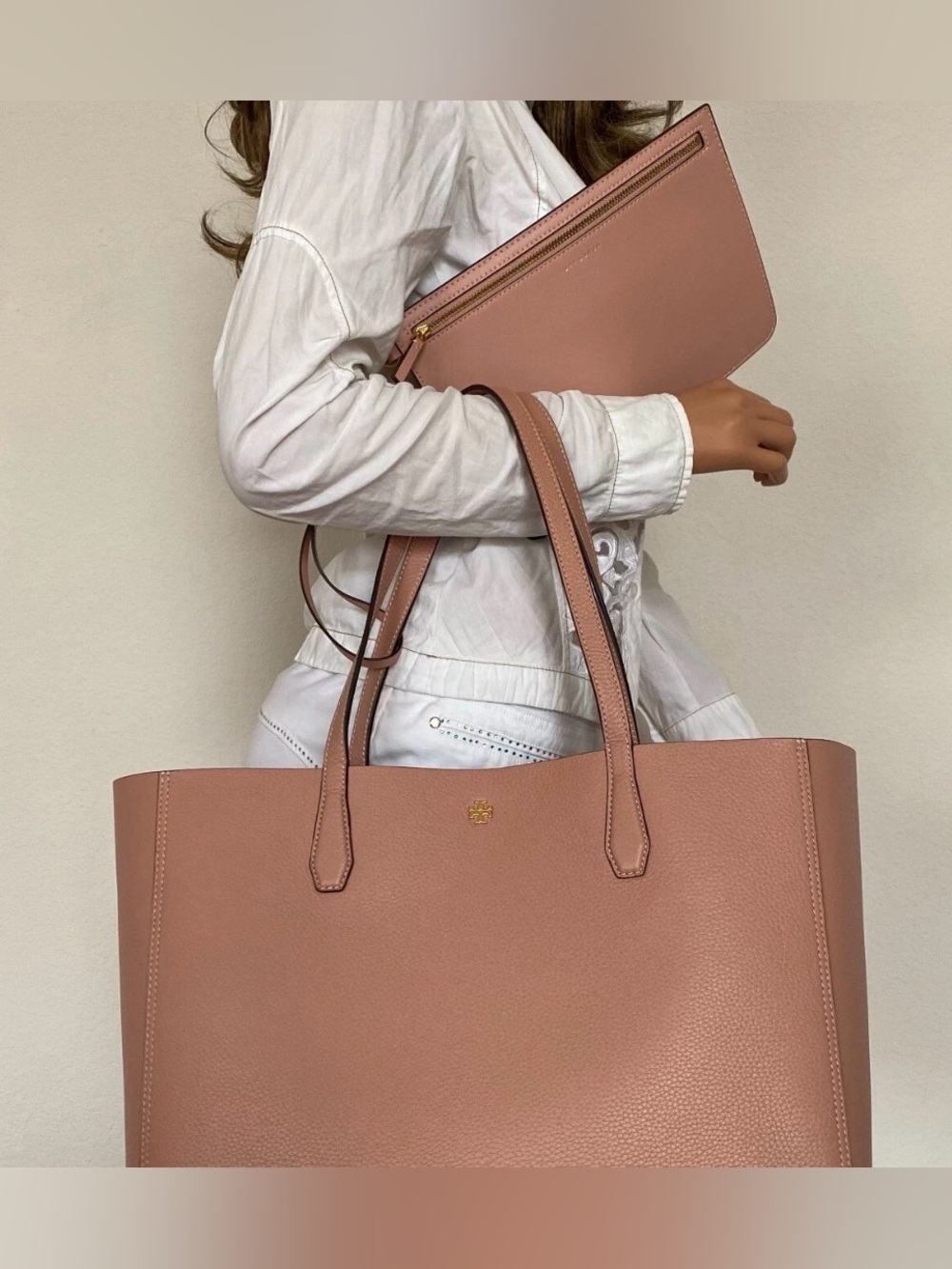 Tory Burch 85984 Blake Tote In Pink Moon Pebble Leather Bag & Zip Pouch - Picture 4 of 9